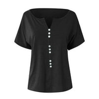 Ženske vrhove Moda Žene Casual Solid V izrez Loose dugme Skraćene rukave T-majice Tamno siva XXL