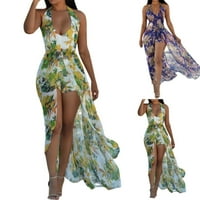 Ženska dubina V izrez Cvjetni print Split Maxi Party haljina Petite ljetne haljine za ženske duljine