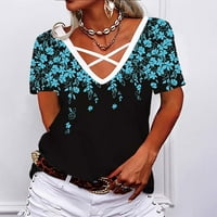 Ženski vrhovi modni ženski ispisani V-izrez Labavi kratki rukav temperament majica plave l