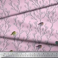Soimoi Pink Rayon Crepe tkanina podružnica i flycatcher ptica otisnuta tkaninu široko