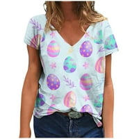 Lovskoo Ljetni vrhovi za žene Trendi bluzes kratki rukav cvjetni ispisani V-izrez Uskršnje majice Kompletne