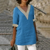 Ženska ljetna puna boja V izrez srednje rukave pamuk i posteljina Ležerna majica