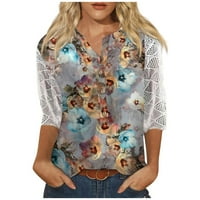 Apepal ženske majice s rukavima V izrez Henley radne vrhove čipke patchwork bluze cijan l