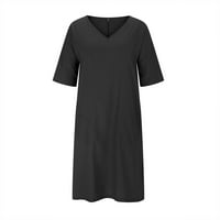 Ležerne haljine za žene Čvrsta boja s kratkim rukavima, labava pamučna posteljina sa džepom dugih rukava