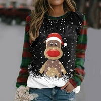 Božićne dukseve s dugim rukavima za žene šarene plaćene patchwork Crewneck grafičke majice Slatka Xmas