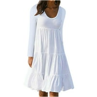 Hanas haljine Ženski modni dugi rukav okrugli vrat Čvrsta boja Velika ljuljačka haljina za plažu bijela