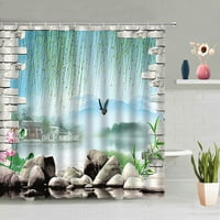 Prikaz prozora zavjesa za tuširanje Green Vine cvijeće Biljke 3D cigla zidni ocean Leptir Priroda Prirodno-krajolik
