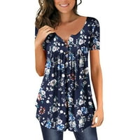 Thirts majice za žene s kratkim rukavima V-izrez tunika bluza TEES cvjetni print tamno plave l