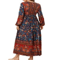 Ženska haljina jesen vintage dugih rukava s cvijećem V-izrezom Ispiši labavu haljinu za ležeran odmor