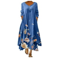 Owordtank casual haljine za žene spadaju pod V izrez labav fit asimetrična cvjetna haljina s dugim rukavima