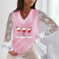 Smihono Cleariance Božić Crveno vino Glass Print Bluze košulje Žene zimske seksi V izrez čipka u šuplju