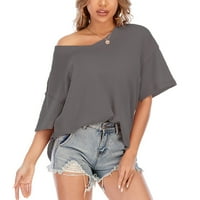 Žene Ljeto vrhovi ženski kratki rukav labav modni V-izrez bluze pune boje tunika košulja Grey XL