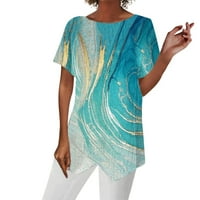 Modni ženski Ljetni geometrijski ispis Labavi kratki rukav Nepravilni majica Sky Blue XL