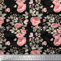 Soimoi Black Japan Crepe Saten tkanina od listova, insekata i cvjetnog umjetničkog tiskanog tkanina