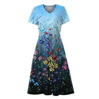 Ženske haljine kratki rukav A-linijski ležerni ljeto tiskovina V-izrez haljina plava 5xl