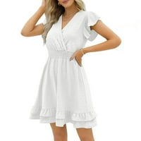 Ženske oblače s kratkim rukavima A-line srednje dužine modne V-izrezom Mjesto ljetna haljina bijela