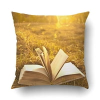 Otvorena knjiga sa pejzažom ležeći na žutoj travi na jastuku za sunčanje jastuk za zalazak sunca