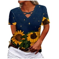 Qcmgmg Ženski kratki rukav ljetni vrhovi V vrat Ležerne prilike cvjetne majice s