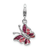 Sterling Silver RH Pink & White emajliran leptir s kopčom za kopča jastoga šarma; za odrasle i tinejdžere;