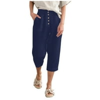 Ženske hlače Sočile boje Lounge Hlače Udobni povremeni džep pamuk i posteljina Capris mornarice 2xl