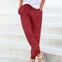 USMIXI Womens konusne pantalone Ljetne casual džepove pamučne posteljine duge hlače elastične strugove pravne hlače crvene s