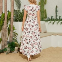 FINELYLOVE Ljetne haljine Sunkesse za ženu V-izrez otisnuta kratka rukava za sunčanje bijela