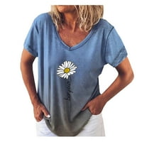 Gotyou Proljetne vrhove Žene Gradijent Ispiši modni kratki rukav V-izrez Mala Chrysanthemum majica Plavi