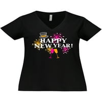 Inktastična sretna nova godina sa vatrometom i vinskim čašama Ženska majica plus veličine V-izrez