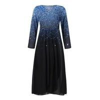 Ženska dužina gležnja modni ispisani s dugim rukavima Ljetna haljina s V-izrezom tamno plava l