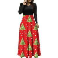 Midi haljine za žene Jesen žene božićno drvce Ispiši dugi rukav okrugli vrat duga haljina casual maxi