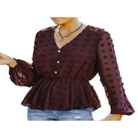 Canrulo Women Šifon Ležerne prilike V-izrez dugih rukava tunika bluza pulover vino crveno xl