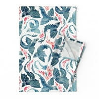 Tiskani ručnik za čaj, platno pamučno platno - zmaj vatreni plavi fantastični akvaretni akvarel plikova