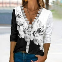 Ženska modna tiskana čipka tri četvrtine rukava bluza čipkava majica s V-izrezom crna, srednja