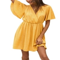 Ženska šifon mini haljina dot V-izrez visoki struk haljina s kratkim rukavima s kratkim rukavima haljina