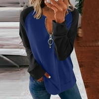 Dugi rukav V-izrez čvrsti patentni patentni patchwork labavi kapuljač ženski bluza ljetna plava veličina