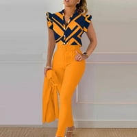 Žene Casual Fashion Print Ruffle rukava rukava od rukava Bluza Betton Pant s setnim odijelima