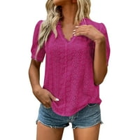 Ženske košulje od pune boje HOLLOW V izrez Majice kratkih rukava Loose Tunic Bluza Hot Pink XL