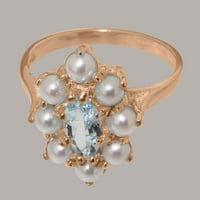 Britanci napravio 14K ružin zlato Real Prirodni akvamarin i kultivirani biserni ženski zaručni prsten