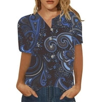 Košulje za žensku ljetnu casual modne pamučne posteljine tiskane ženske majice kratkih rukava plava