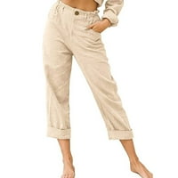 Posteljine hlače Žene Ljetne dressy Capri hlače High Squik Gumb Up ravno raščlanjene hlače Elastične struke povremene hlače pantalone