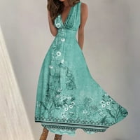 Ženska V-izrez Maxi haljina tiskana Flowy Swing haljina zelena veličina S