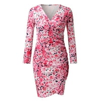 Miayilima Mini haljine za žene duboki V-izrez cvjetni print dugih rukava Sakrij Tummy Bodycon Ruched