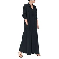 Haljine za žene žene pamučne i posteljine čvrste boje rever dugih rukava duga košulja crna