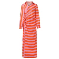 Haljina za žene, žensko proljeće ljeto jesenski kardigan čipka up prugasti print polo-vrat duga haljina narančasta