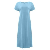 Ženska ljetna casual Solid Boja kratkih rukava O-izrez za šivanje labavog džepa pamučna haljina, plava,