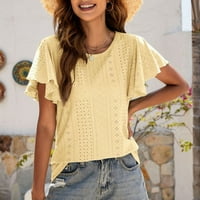 Hanas Tops Fashion Womens Casual Solid Color Pamučna posteljina vezom kratkih rukava majica TOP Yellow