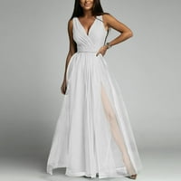 Ležerne haljine za žene bez rukava A-line dužine gležnja, labava, čvrsta ploča V-izrez bijela s