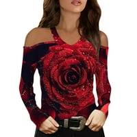 Komforne košulje za vježbanje Žene ruže Print s dugim rukavima Print V izrez sa ramena T Majica Ženska