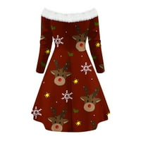 Jerdar božićne haljine za žene, čvrste casual dugih rukava s ramena, božićni print krznenog mini haljina,
