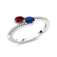 Gem Stone King 0. CT okrugli crveni stvoreni ruby ​​plavi stvorio safir Sterling srebrni obilazni prsten